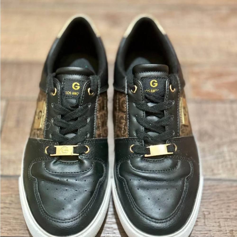 Black and Brown Sneakers with Gold Accents